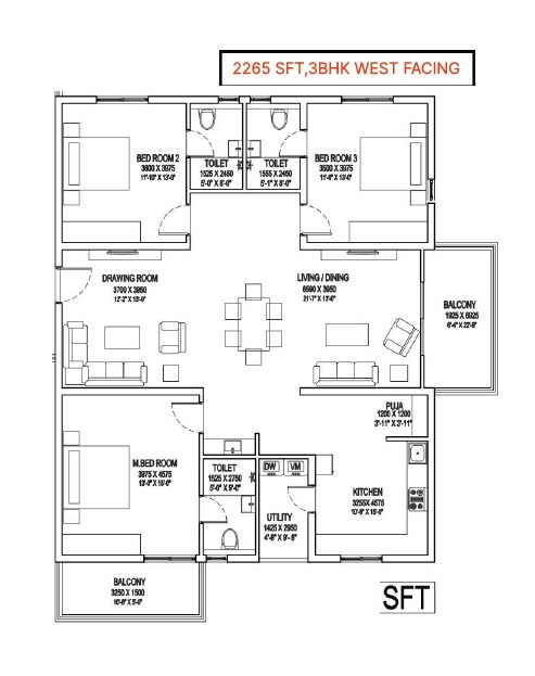 Floor plan of 3 BHK 2265 Sq. Ft. Apartment in Profound Vanam, Hyderabad