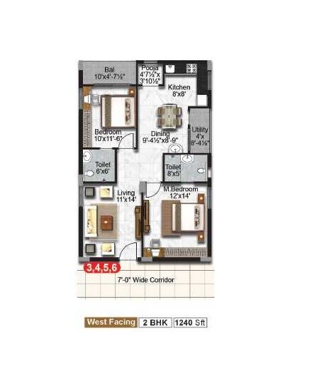 Floor plan of 2 BHK 1240 Sq. Ft. Apartment in Promac Urban Elite, Hyderabad