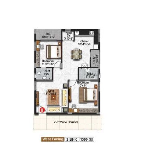 Floor plan of 2 BHK 1390 Sq. Ft. Apartment in Promac Urban Elite, Hyderabad
