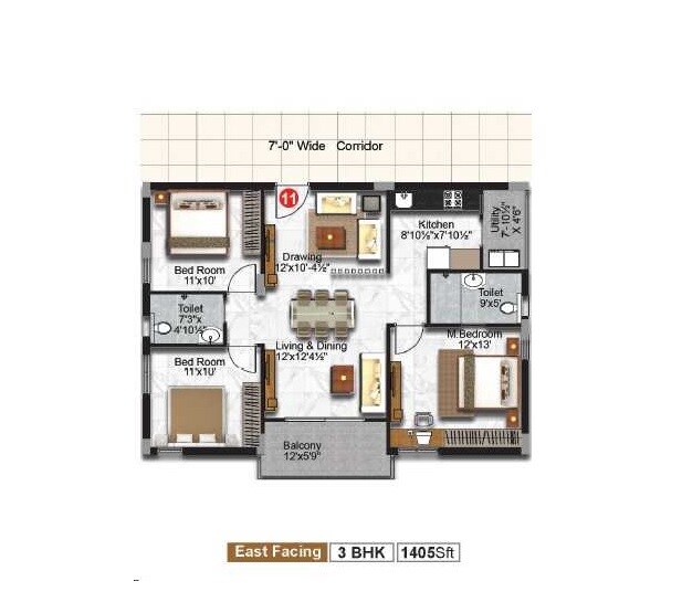 Floor plan of 3 BHK 1405 Sq. Ft. Apartment in Promac Urban Elite, Hyderabad