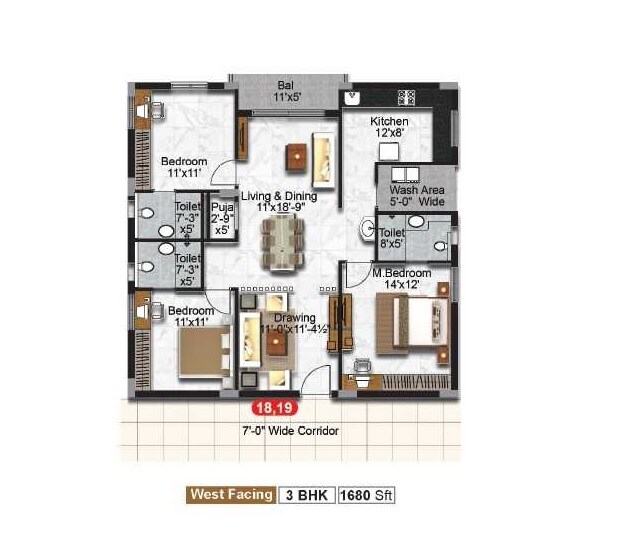 Floor plan of 3 BHK 1680 Sq. Ft. Apartment in Promac Urban Elite, Hyderabad