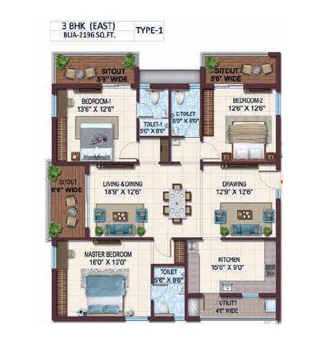 Floor plan of 3 BHK 2196 Sq. Ft. Apartment in Prosperiti Ekam, Hyderabad