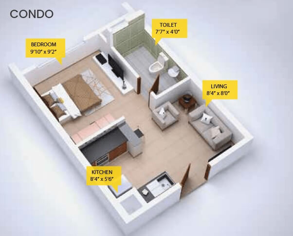Floor plan of 1 BHK 610 Sq. Ft. Apartment in Provident Kenworth, Hyderabad