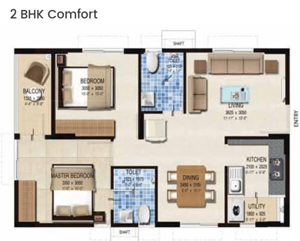 Floor plan of 2 BHK 930 Sq. Ft. Apartment in Provident Kenworth, Hyderabad