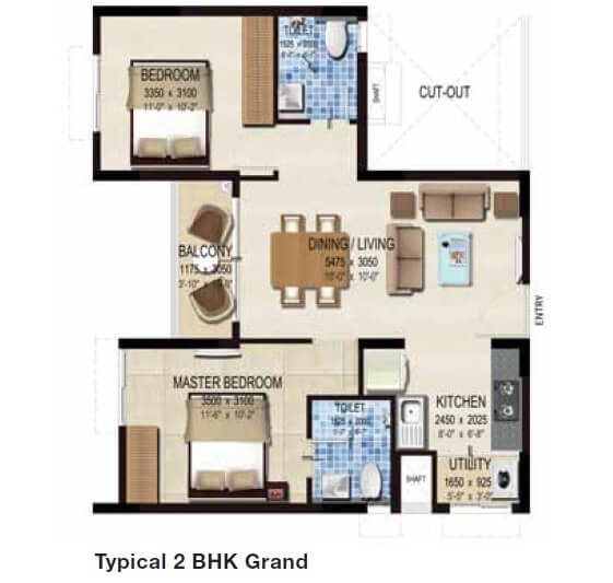 Floor plan of 2 BHK 980 Sq. Ft. Apartment in Provident Kenworth, Hyderabad