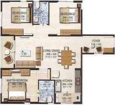 Floor plan of 3 BHK 1340 Sq. Ft. Apartment in Provident Kenworth, Hyderabad