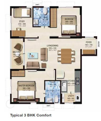 Floor plan of 3 BHK 1048 Sq. Ft. Apartment in Provident Kenworth, Hyderabad