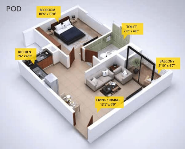 Floor plan of 1 BHK 380 Sq. Ft. Apartment in Provident Kenworth, Hyderabad