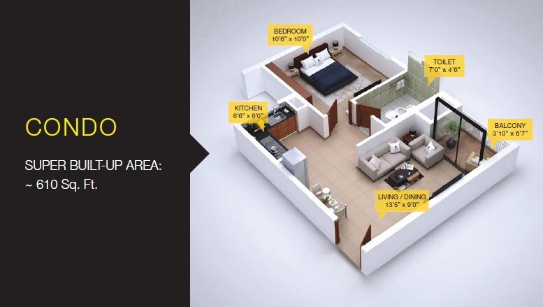 Floor plan of 1 BHK 610 Sq. Ft. Apartment in Provident Manhattan Pods and Condos, Hyderabad