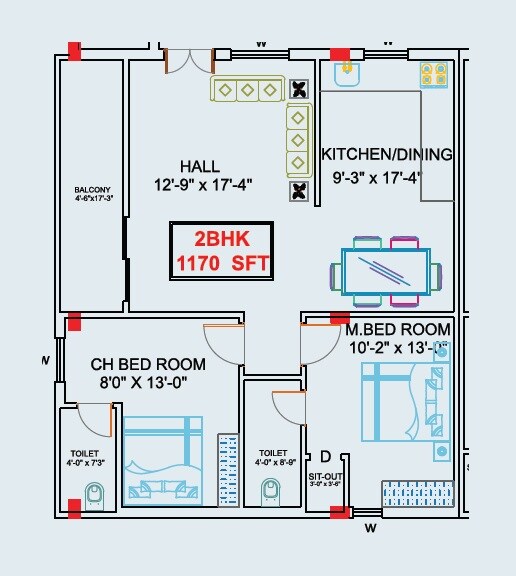 Floor plan of 2 BHK 1170 Sq. Ft. Apartment in Prred Gretel Residency, Hyderabad