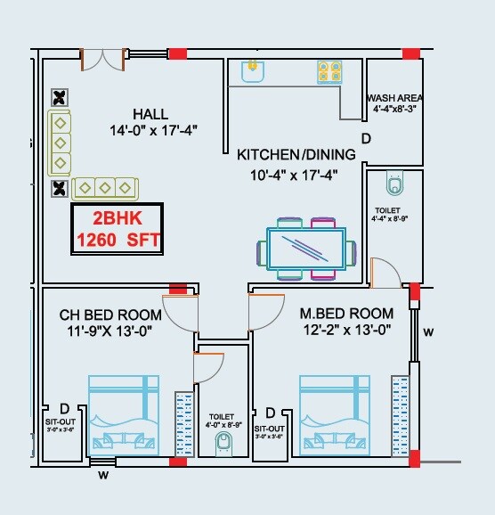 Floor plan of 2 BHK 1260 Sq. Ft. Apartment in Prred Gretel Residency, Hyderabad