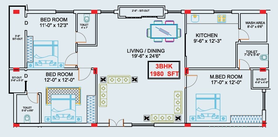 Floor plan of 3 BHK 1980 Sq. Ft. Apartment in Prred Gretel Residency, Hyderabad