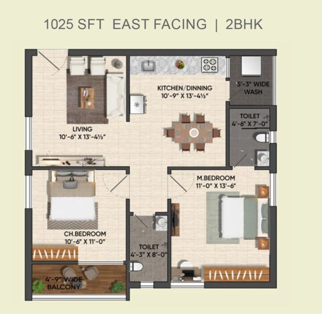 Floor plan of 2 BHK 1025 Sq. Ft. Apartment in PVR Akash, Hyderabad