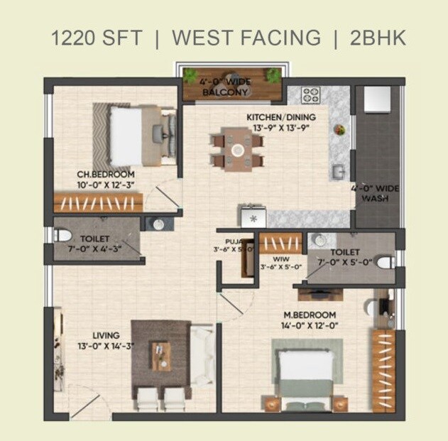Floor plan of 2 BHK 1220 Sq. Ft. Apartment in PVR Akash, Hyderabad