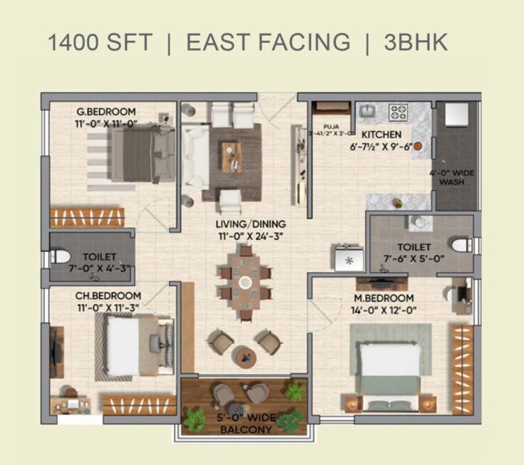 Floor plan of 3 BHK 1400 Sq. Ft. Apartment in PVR Akash, Hyderabad