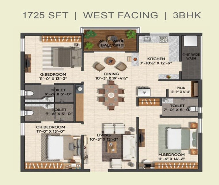 Floor plan of 3 BHK 1725 Sq. Ft. Apartment in PVR Akash, Hyderabad