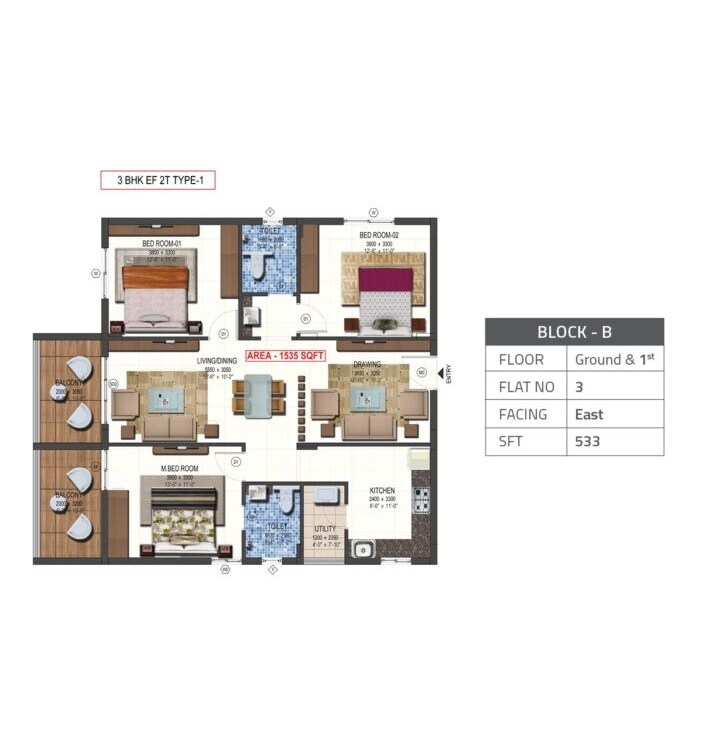 Floor plan of 3 BHK 1535 Sq. Ft. Apartment in PVR Anmol, Hyderabad