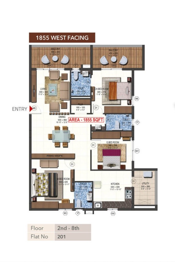Floor plan of 3 BHK 1855 Sq. Ft. Apartment in PVR Anmol, Hyderabad