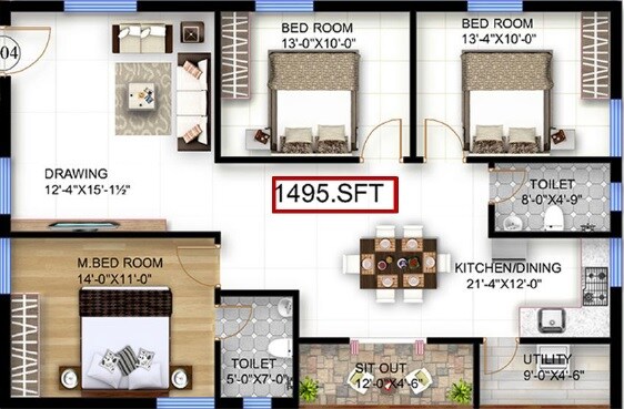 Floor plan of 3 BHK 1495 Sq. Ft. Apartment in PVR Bhuvi, Hyderabad
