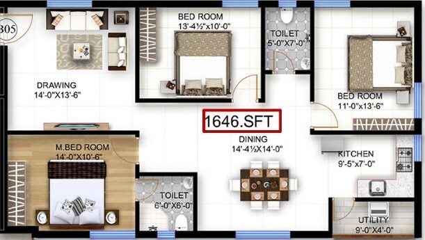 Floor plan of 3 BHK 1646 Sq. Ft. Apartment in PVR Bhuvi, Hyderabad