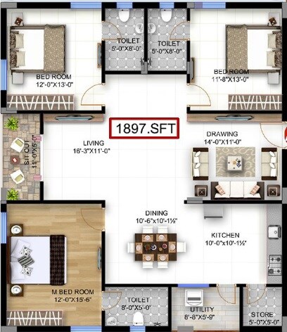 Floor plan of 3 BHK 1897 Sq. Ft. Apartment in PVR Bhuvi, Hyderabad