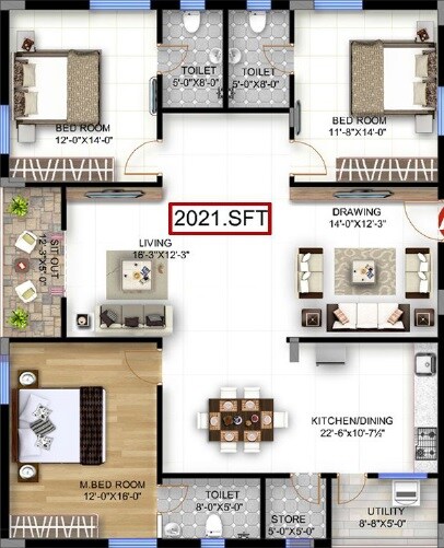 Floor plan of 3 BHK 2021 Sq. Ft. Apartment in PVR Bhuvi, Hyderabad