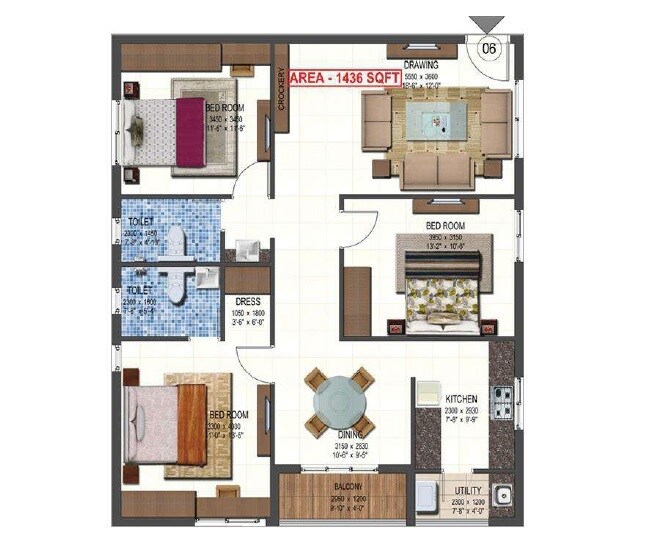 3 BHK 1436 Sq. Ft. Apartment