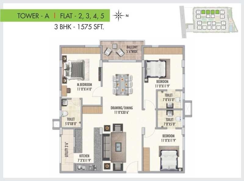 Floor plan of 3 BHK 1575 Sq. Ft. Apartment in Qualitas Serenity Park, Hyderabad