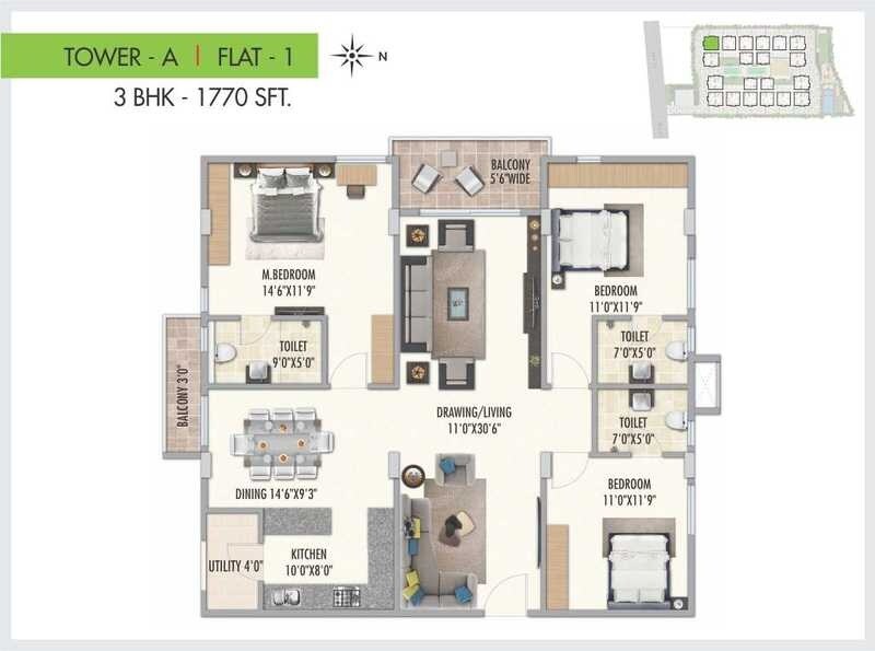 Floor plan of 3 BHK 1770 Sq. Ft. Apartment in Qualitas Serenity Park, Hyderabad