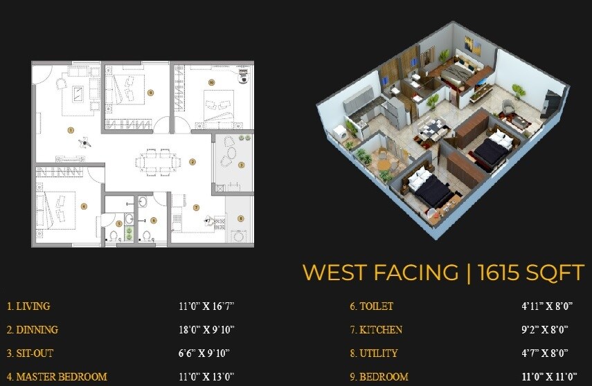 Floor plan of 3 BHK 1615 Sq. Ft. Apartment in Quambiant Amaranthine, Hyderabad