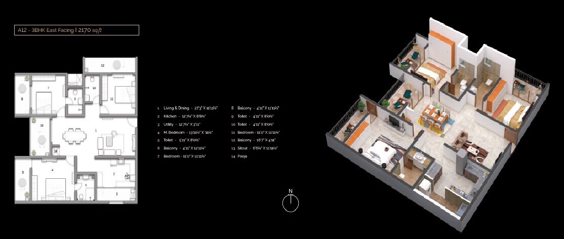 Floor plan of 3 BHK 2170 Sq. Ft. Apartment in Quambiant Amaranthine, Hyderabad