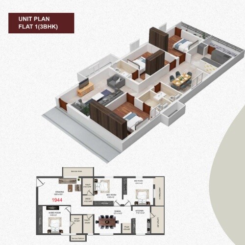 3 BHK 1944 Sq. Ft. Apartment