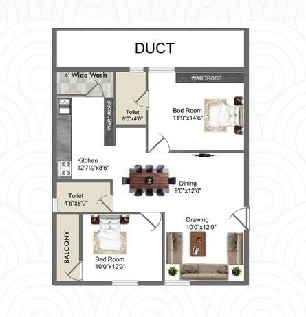 Floor plan of 2 BHK 1278 Sq. Ft. Apartment in Quorizon Navya Trinity, Hyderabad
