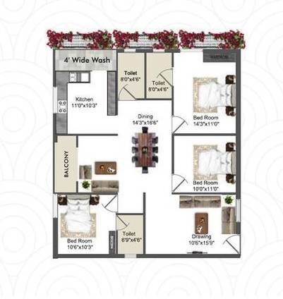 Floor plan of 3 BHK 1629 Sq. Ft. Apartment in Quorizon Navya Trinity, Hyderabad