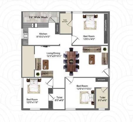 Floor plan of 3 BHK 1872 Sq. Ft. Apartment in Quorizon Navya Trinity, Hyderabad