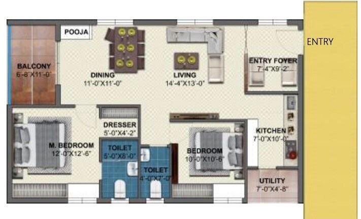Floor plan of 2 BHK 1336 Sq. Ft. Apartment in R Homes Jai Vasavis ORR Height, Hyderabad
