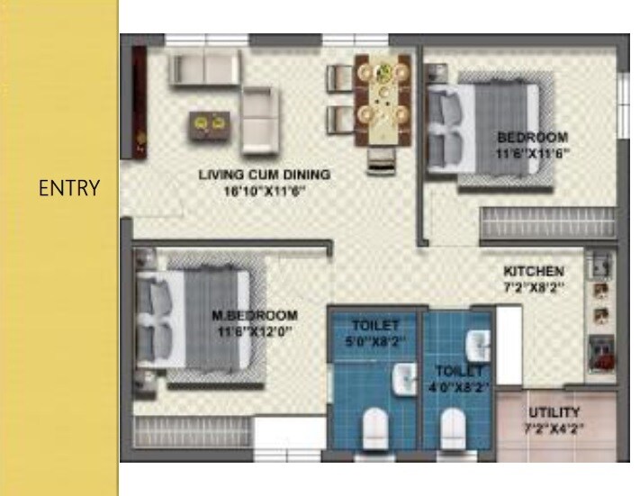 Floor plan of 2 BHK 982 Sq. Ft. Apartment in R Homes Jai Vasavis ORR Height, Hyderabad