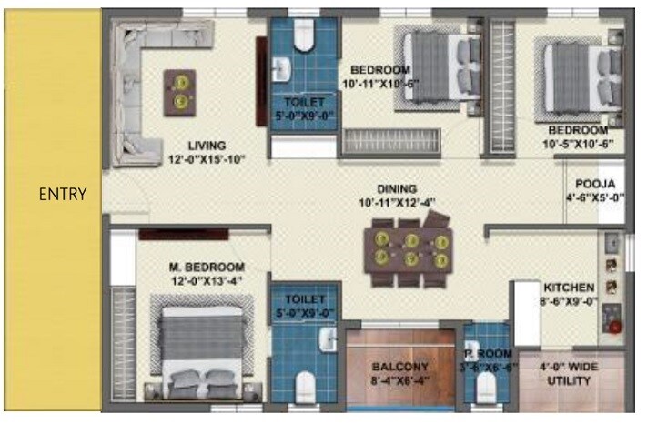 Floor plan of 3 BHK 1685 Sq. Ft. Apartment in R Homes Jai Vasavis ORR Height, Hyderabad