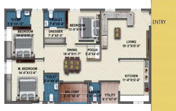 Floor plan of 3 BHK 1840 Sq. Ft. Apartment in R Homes Jai Vasavis ORR Height, Hyderabad