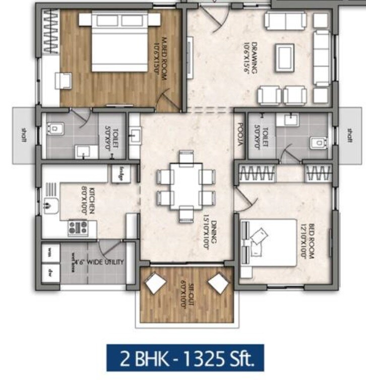 Floor plan of 2 BHK 1325 Sq. Ft. Apartment in Radhey Skye, Hyderabad