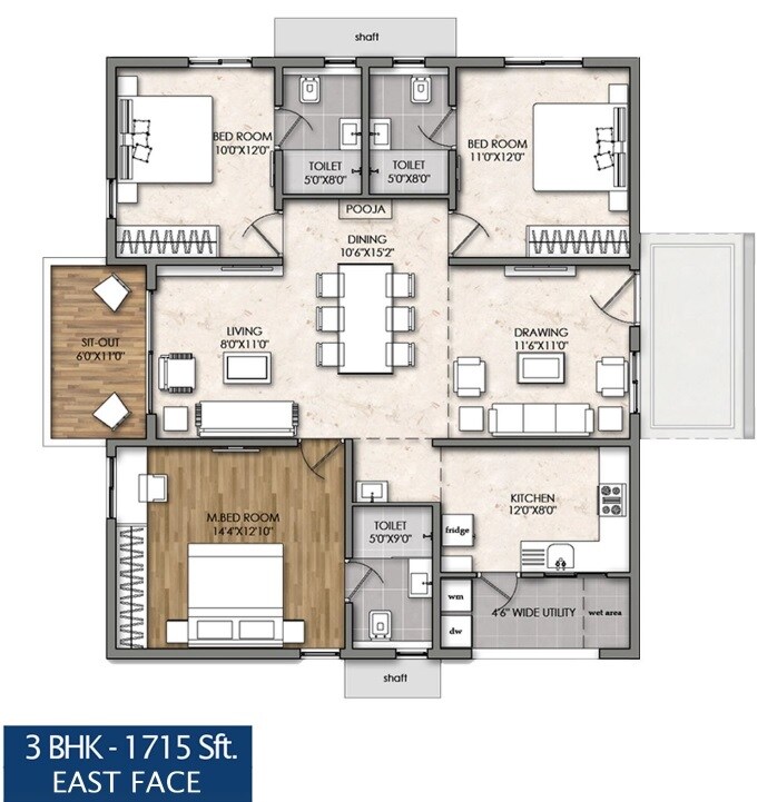 Floor plan of 3 BHK 1715 Sq. Ft. Apartment in Radhey Skye, Hyderabad
