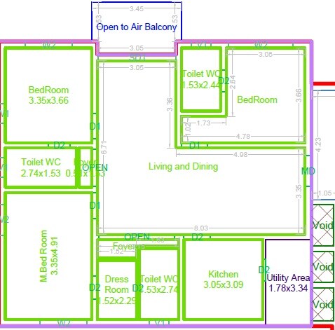 Floor plan of 3 BHK 1905 Sq. Ft. Apartment in Raghava Halo, Hyderabad