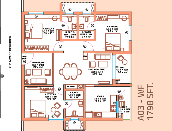 Floor plan of 3 BHK 1798 Sq. Ft. Apartment in Raghava Linq, Hyderabad