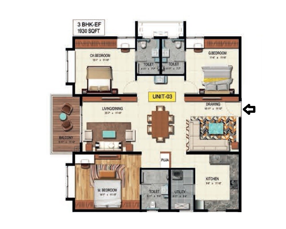 3 BHK 1930 Sq. Ft. Apartment