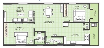 Floor plan of 2 BHK 1380 Sq. Ft. Apartment in Raghavendras Mirra Panchajanya, Hyderabad