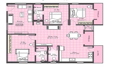Floor plan of 3 BHK 1603 Sq. Ft. Apartment in Raghavendras Mirra Panchajanya, Hyderabad