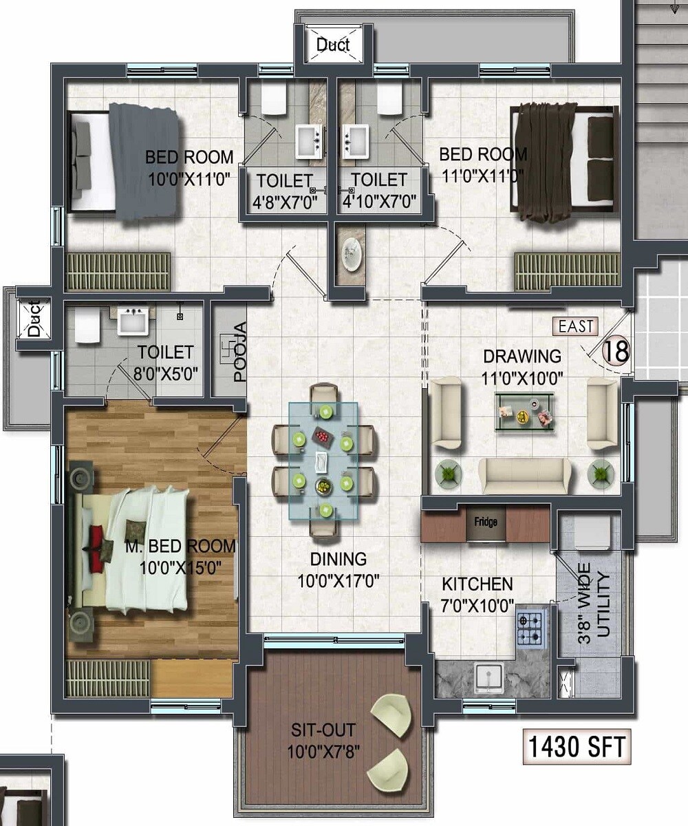 Floor plan of 3 BHK 1430 Sq. Ft. Apartment in Raghuram A2A Life Spaces, Hyderabad