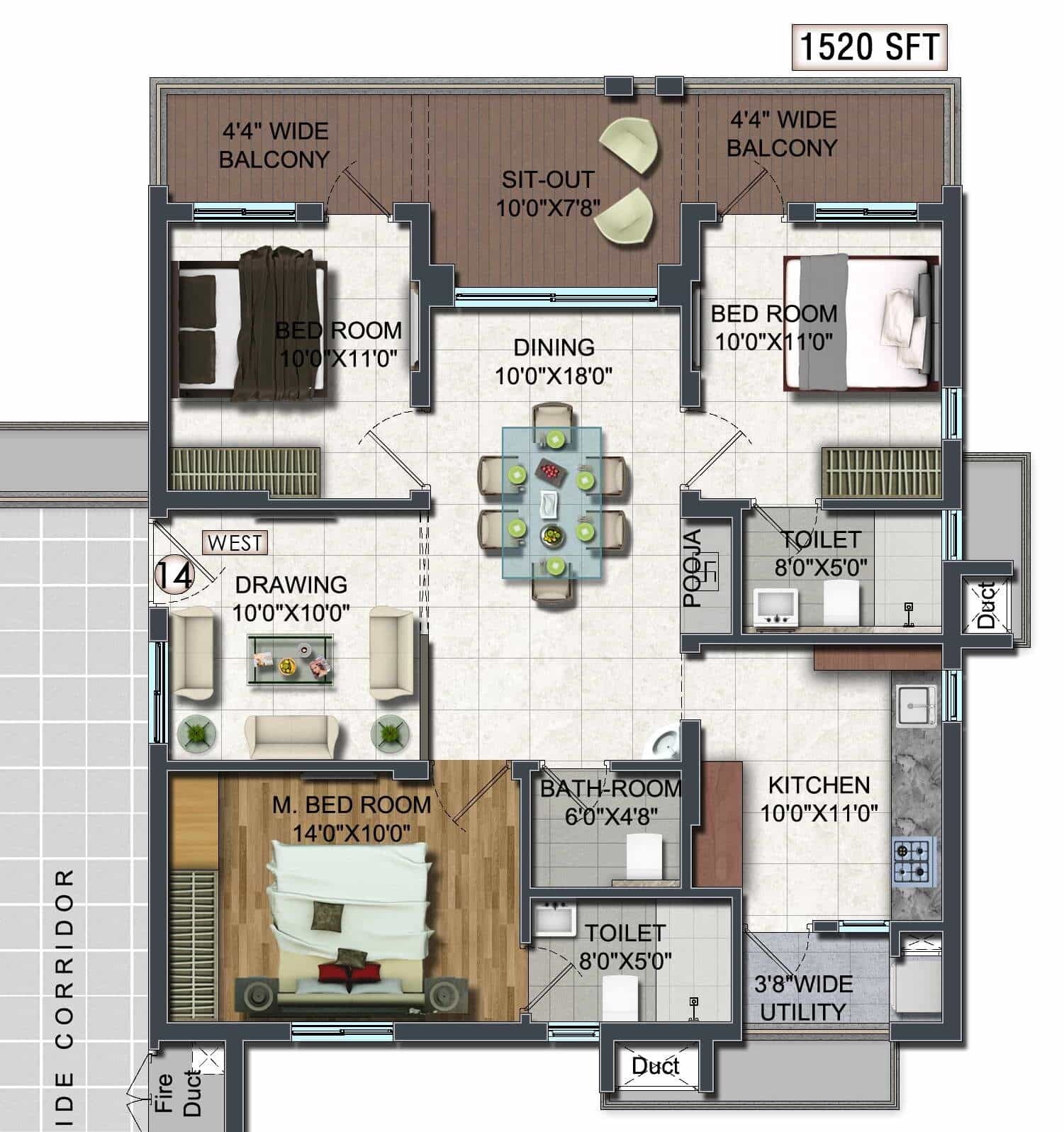 Floor plan of 3 BHK 1520 Sq. Ft. Apartment in Raghuram A2A Life Spaces, Hyderabad
