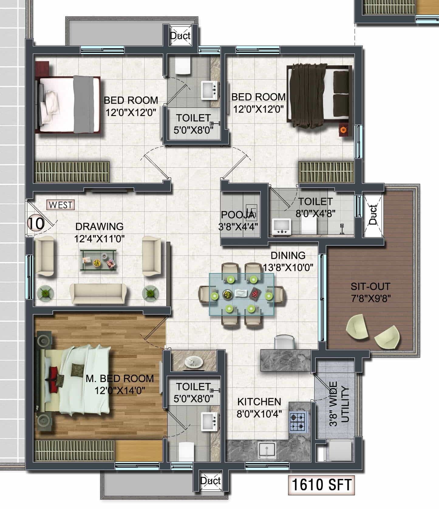 Floor plan of 3 BHK 1610 Sq. Ft. Apartment in Raghuram A2A Life Spaces, Hyderabad