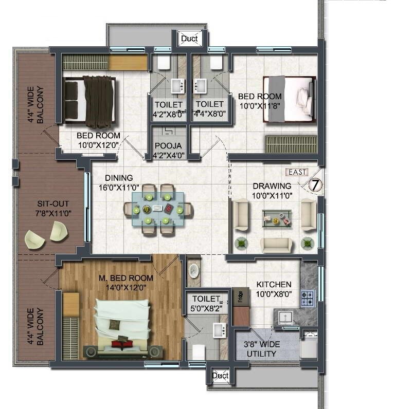 Floor plan of 3 BHK 1655 Sq. Ft. Apartment in Raghuram A2A Life Spaces, Hyderabad